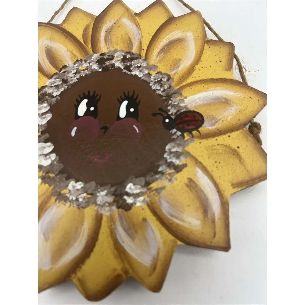 Wooden Hand painted Sunflower Plaque, Country Farmhouse, Cute Face w/Ladybug